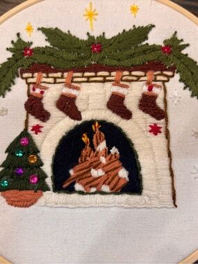 Hand-Embroidered 5” Holiday Fireplace Wall Art - Green, Brown, Red
